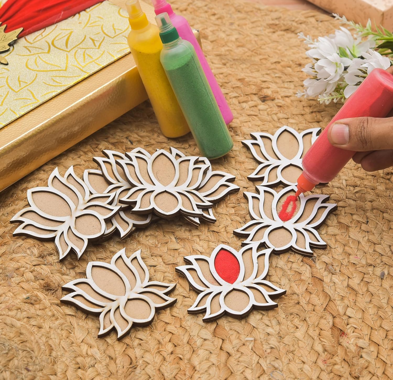 Pack of 12 Wooden Diwali Craft Cutouts – 2.7mm Pine MDF Swastik, Lotus, Feet & Diya Shapes for DIY Painting, Home Temple Wall Hanging, Festive Wedding Decoration & Rangoli Borders (3x3 Inch)